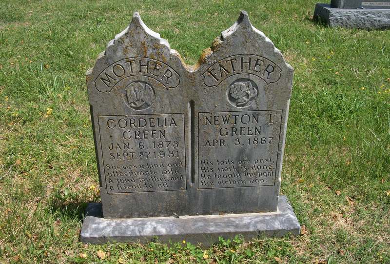Headstone, Newton L. Green, Mary Cordelia Smith